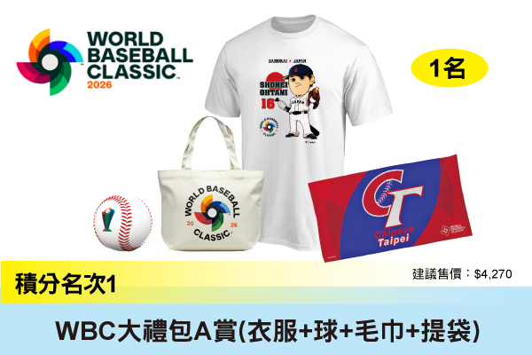 第1名：WBC大禮包A賞（衣服+球+毛巾+提袋）